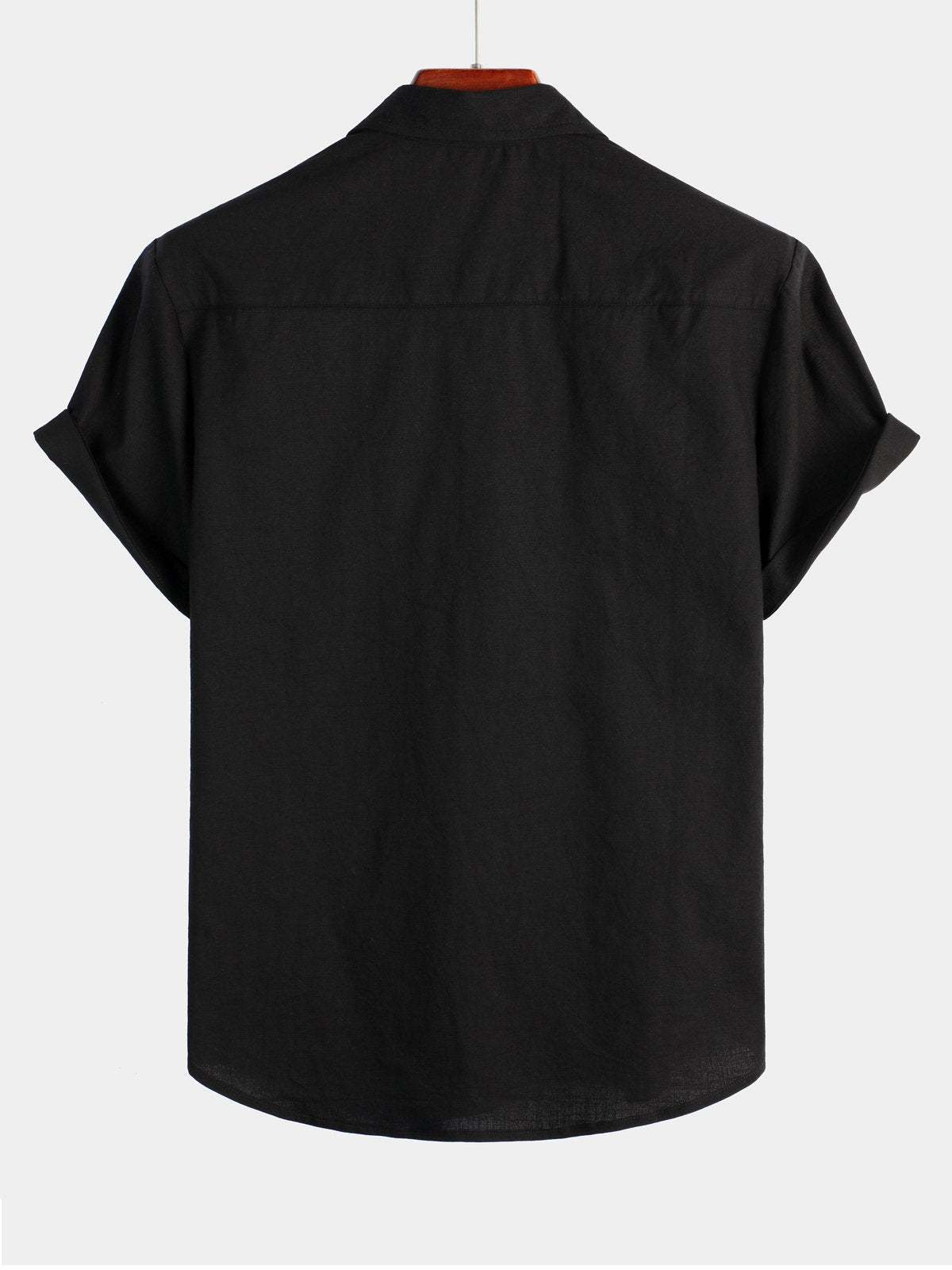 Camisa de color sólido de lino de algodón Pocket casual de manga corta para hombre