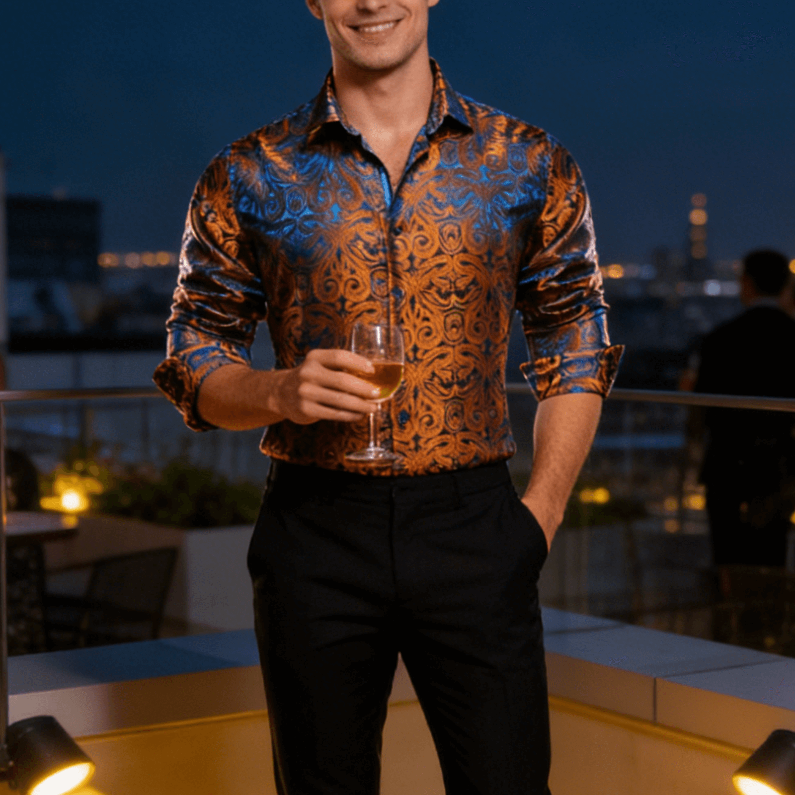 Camisa Copper Paisley con botones casual seda de manga larga camisa de chalecoir
