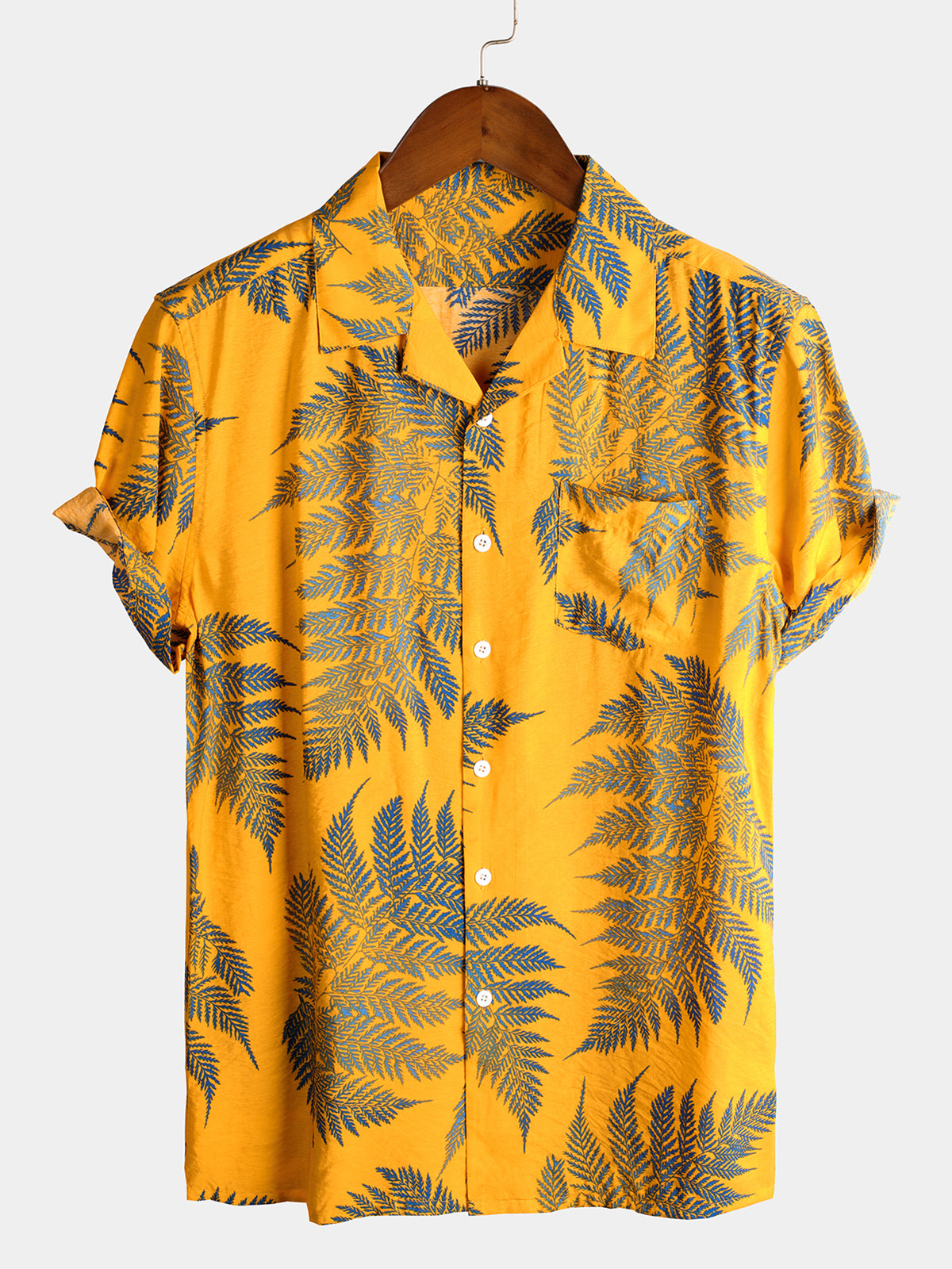 Camisa Tropical Leaf estampado Hawaiian Pocket Collared Top de algodón Button Up de manga corta para hombre
