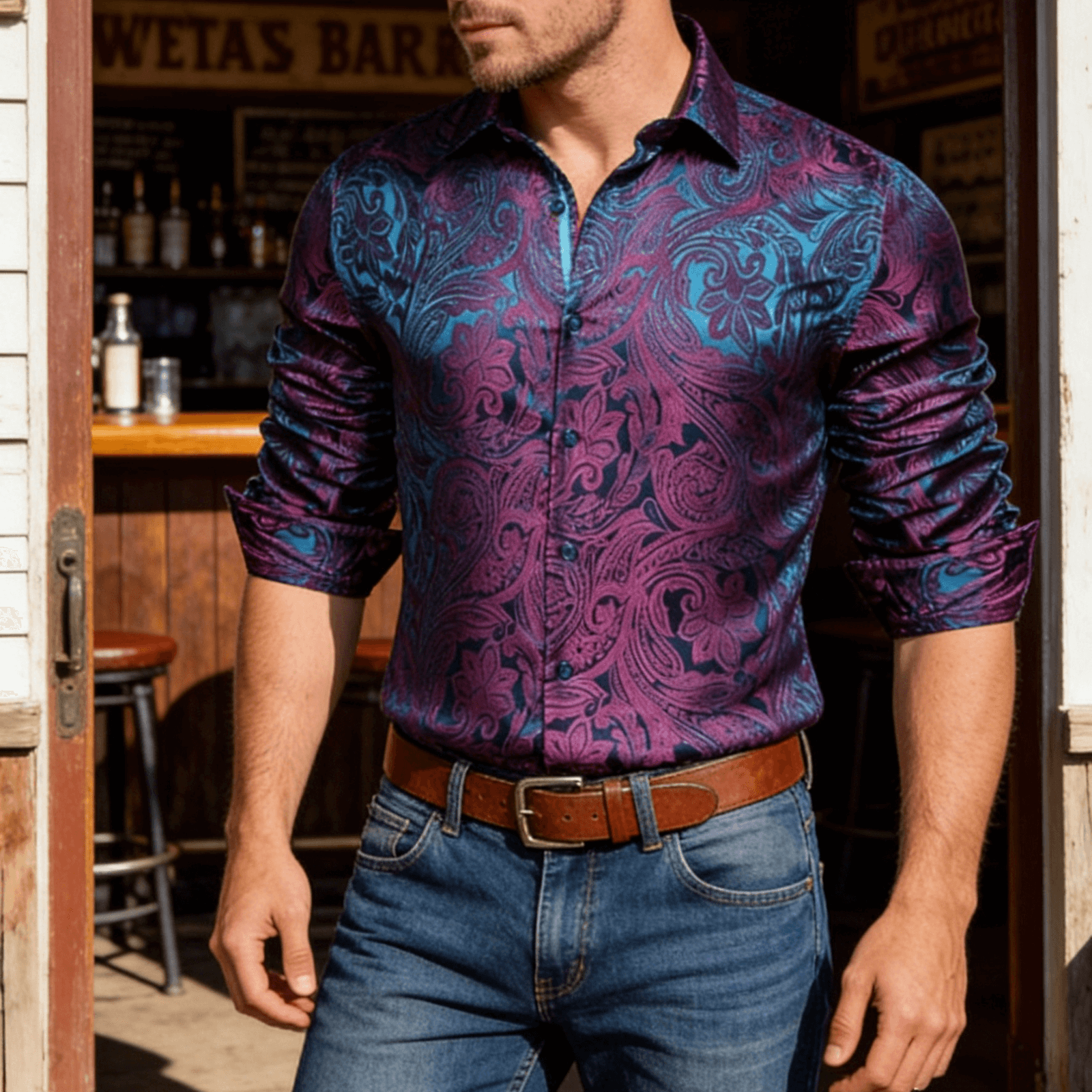 Camisa Mens Purple de chalecoir Paisley camisa con botones de manga larga Tops