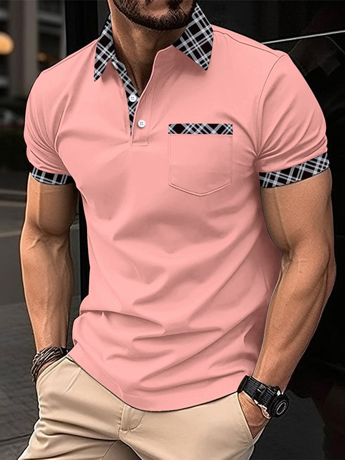 Camisa polo retro a cuadros stitching de moda casual (with bolsillos) para hombre
