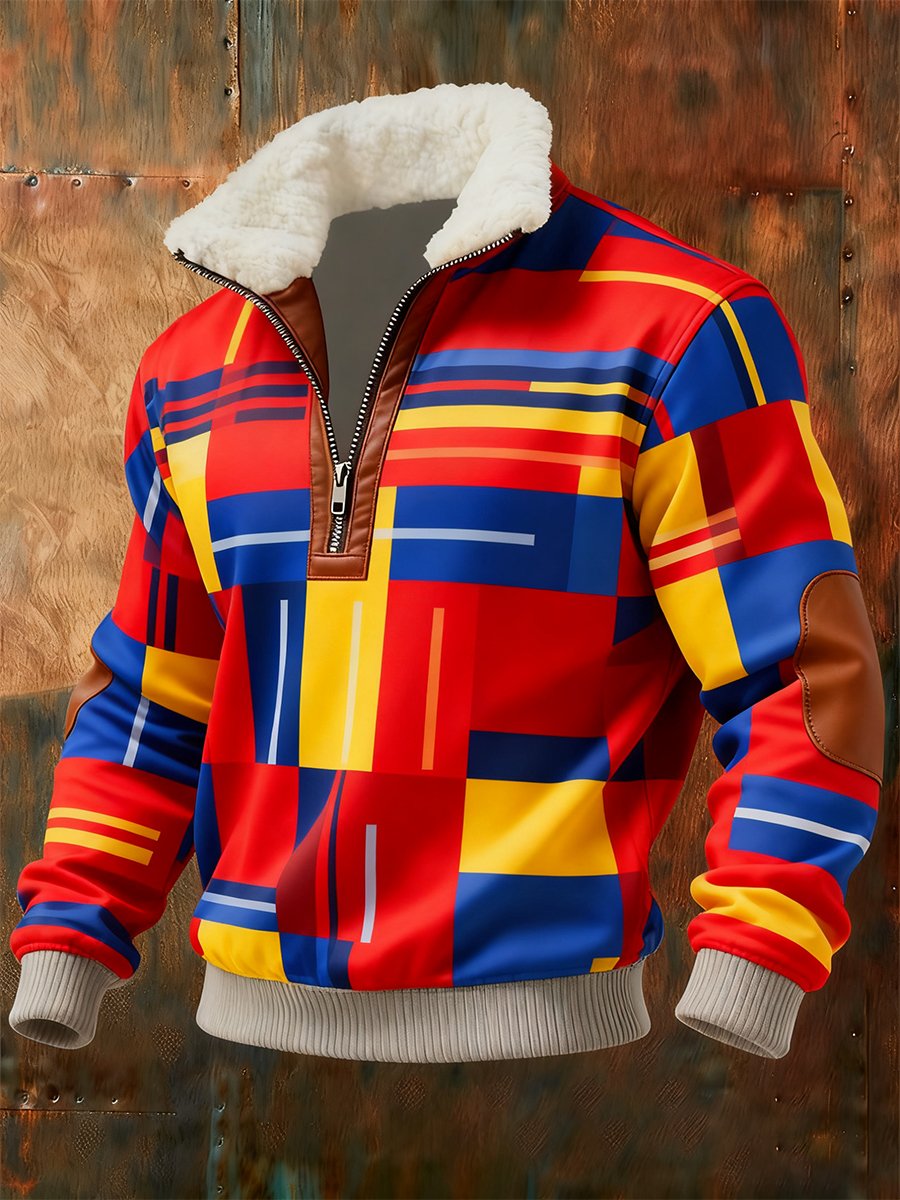 Sudadera retro geométrico Quarter Zip polar Neck para hombre