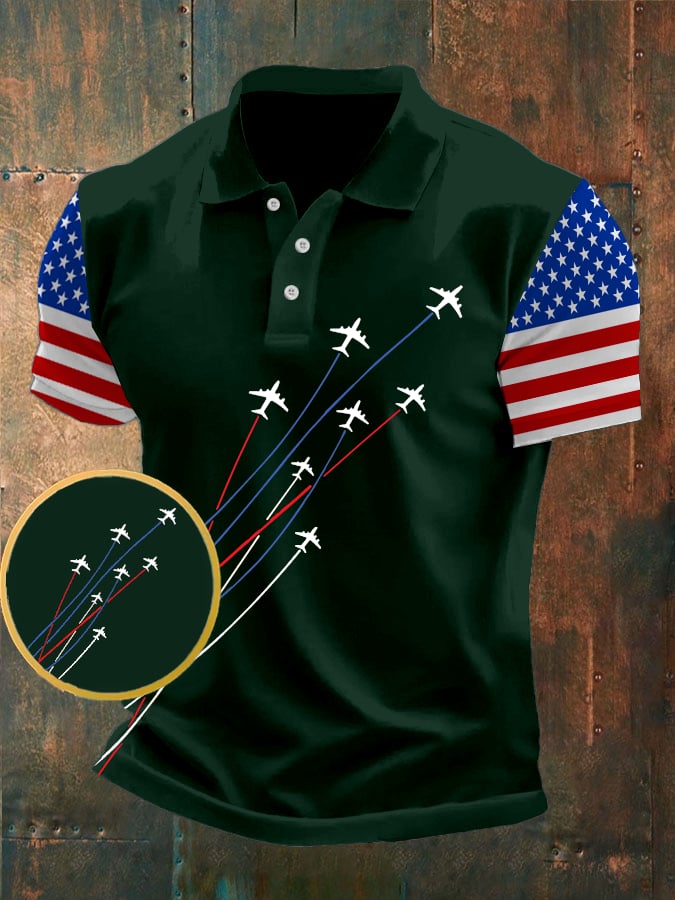 Camisa polo American Flag Independence Day estampado casual para hombre