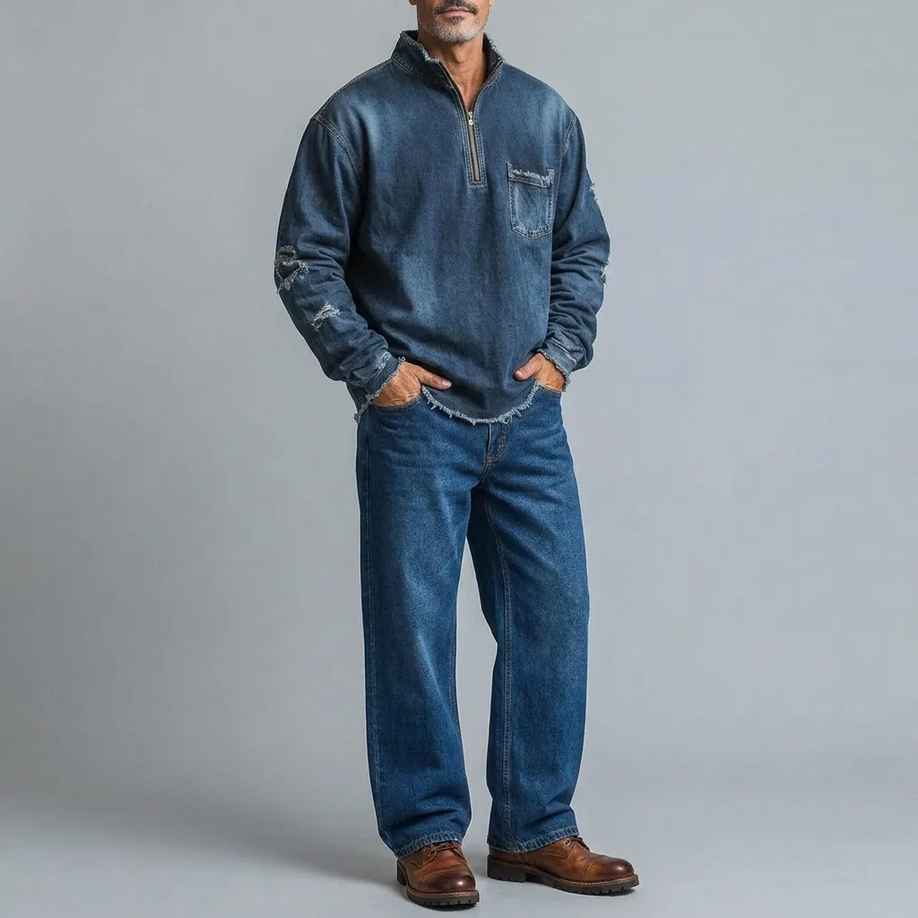para hombre vintage Stand Collar Half Zip Chest Pocket Frayed Hem de manga larga Pullover Denim Sweacamiseta