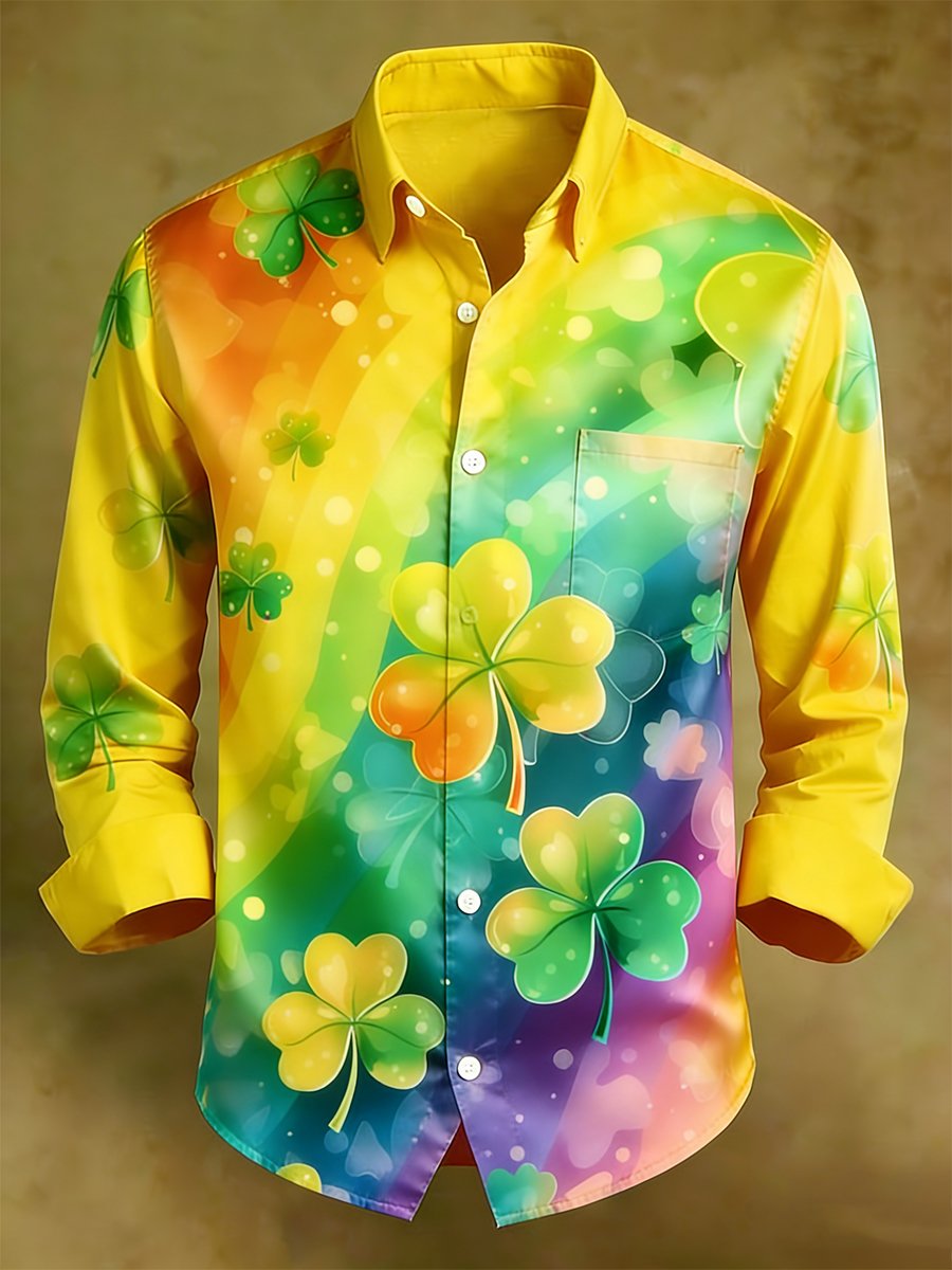 Ejecutivo de lujo St. Patrick's Day estampado de manga larga Pockecamiseta para hombre