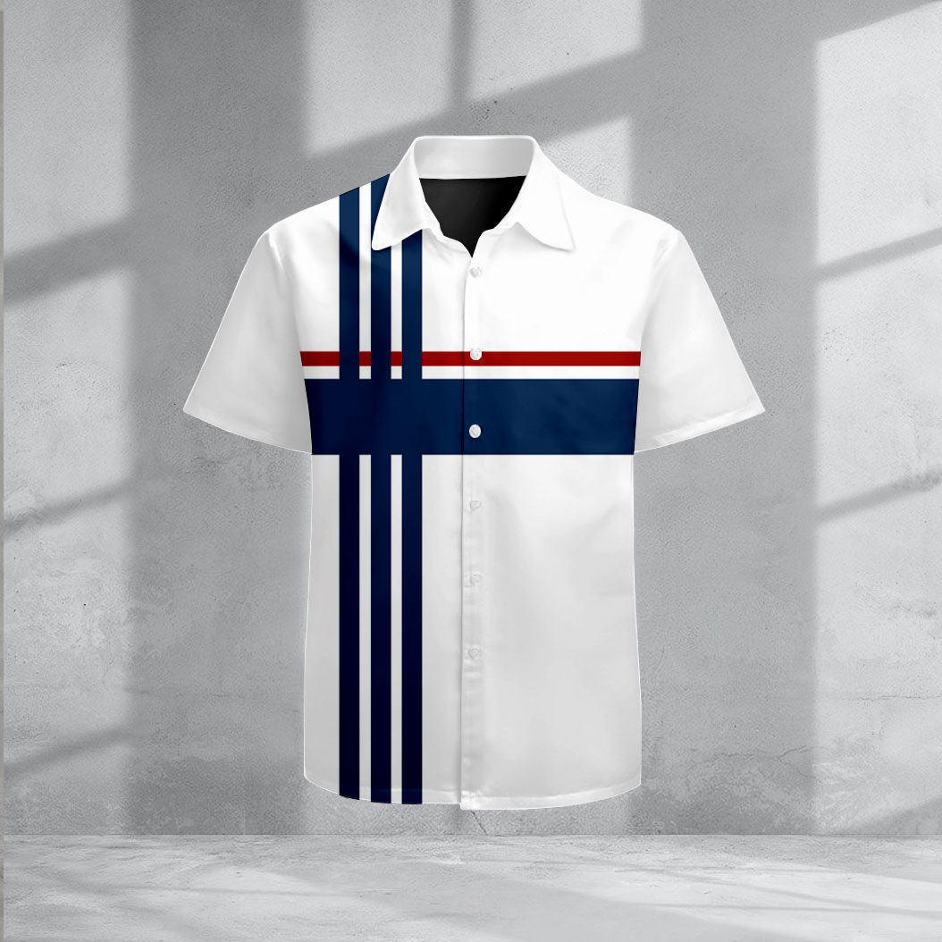 Navy Blue & White casual a rayas estampado Lapel de manga corta camisas para hombre
