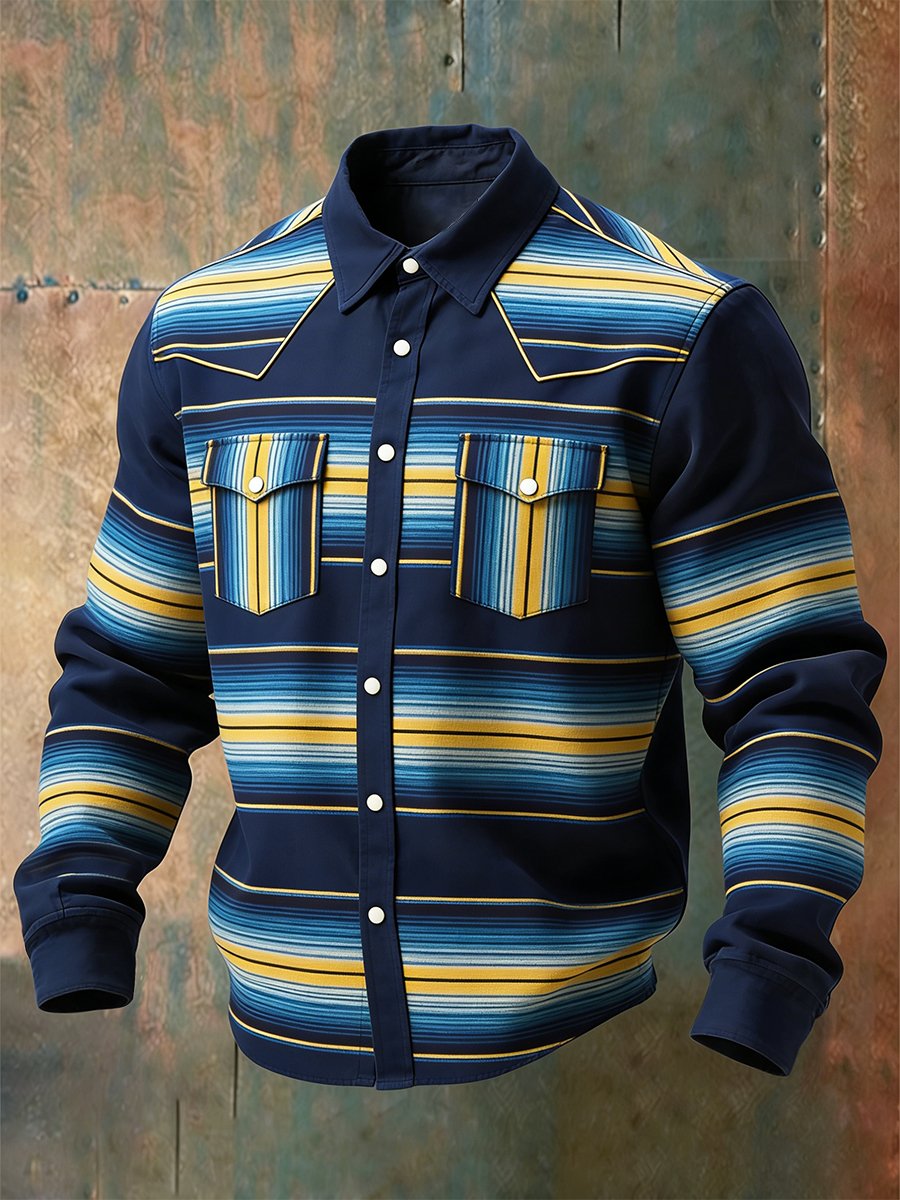 Camisa vintage a rayas Western de manga larga para hombre