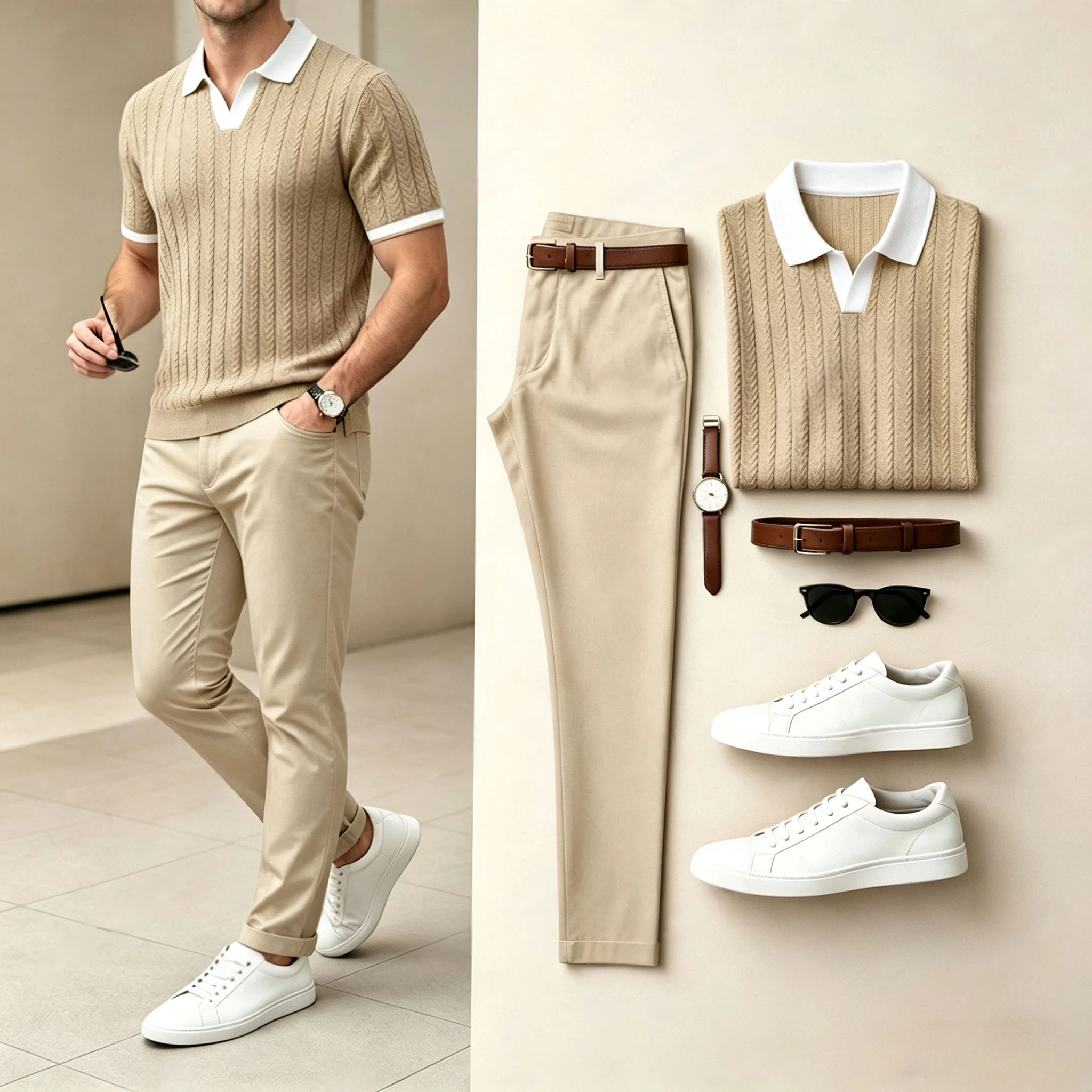 Conjunto de dos piezas Ice Silk V-Neck tejido de manga corta camisa polo and pantalón (Accessories Not Included) para hombre
