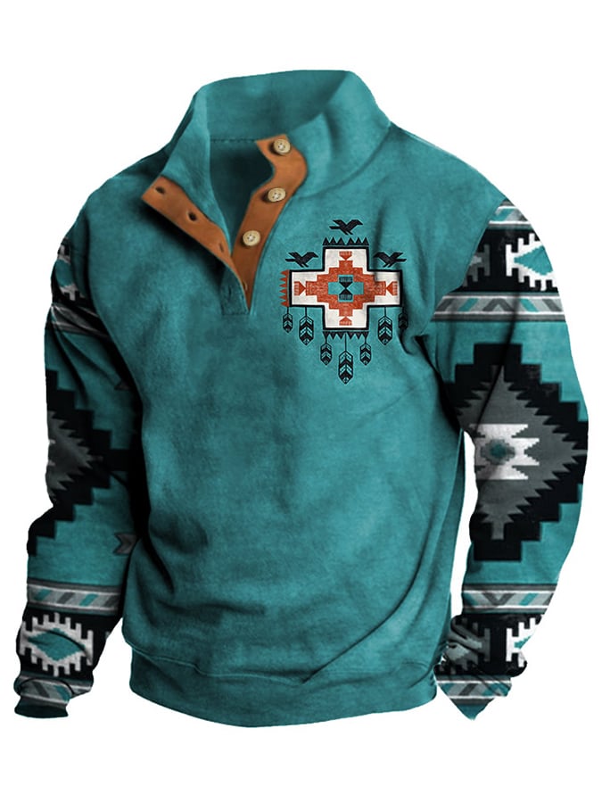 Sudadera Western Style estampado Stand cuello Button para hombre