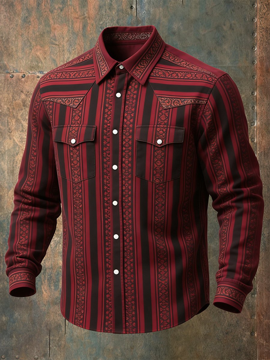 Camisa vintage a rayas Western de manga larga para hombre