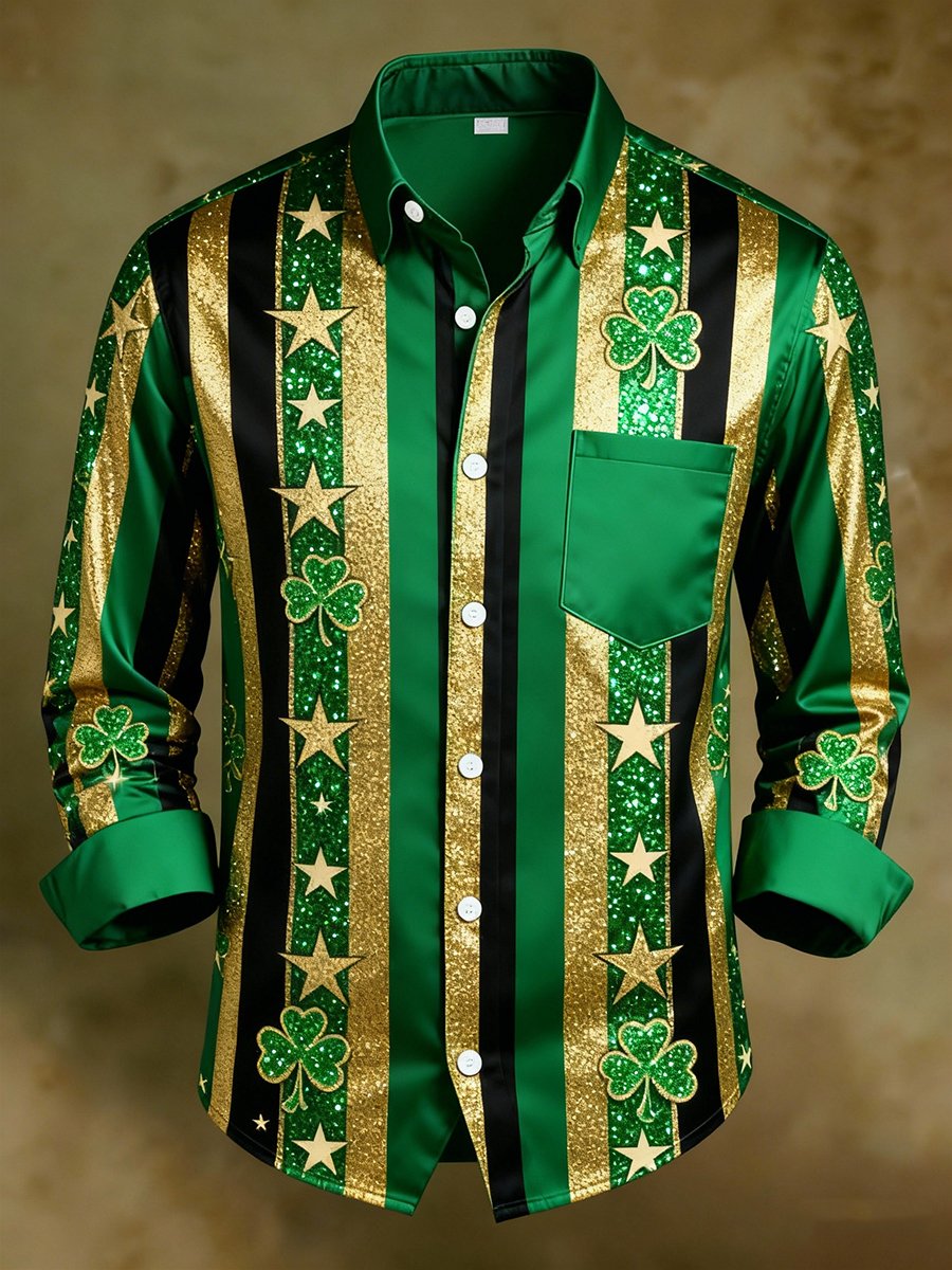 Ejecutivo de lujo St. Patrick's Day a rayas de manga larga Pockecamiseta para hombre
