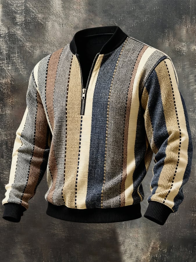 Sudadera casual retro Contrast Color Half Zip Stand cuello de manga larga para hombre