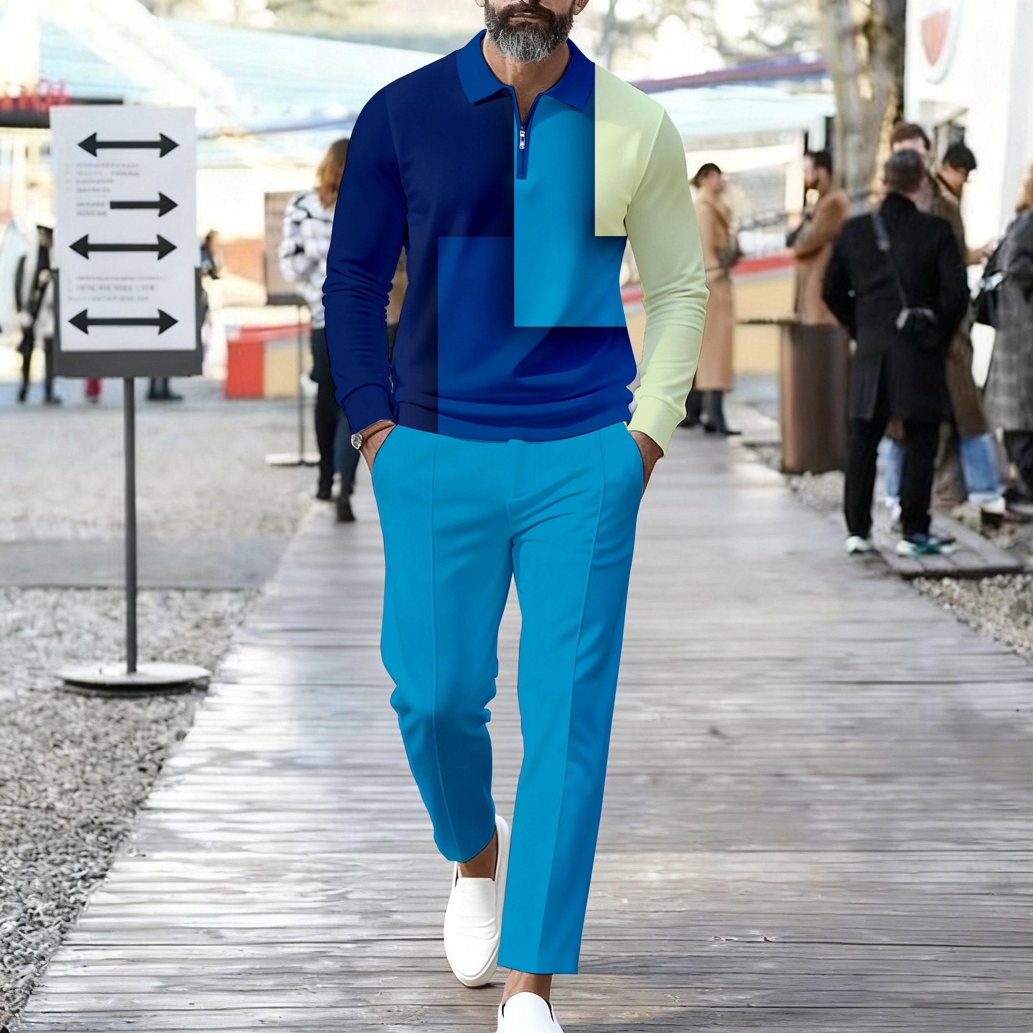 Conjunto de dos piezas casual Color Matching estampado Polo-Collar Zipper de manga larga Trousers para hombre