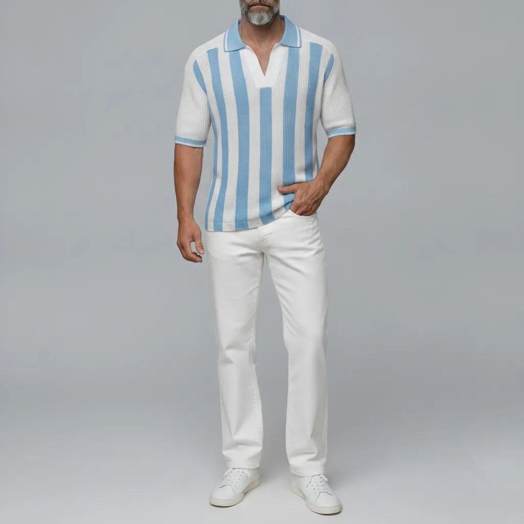 Camisa polo White Contrast a rayas Pattern tejidoted de manga corta para hombre