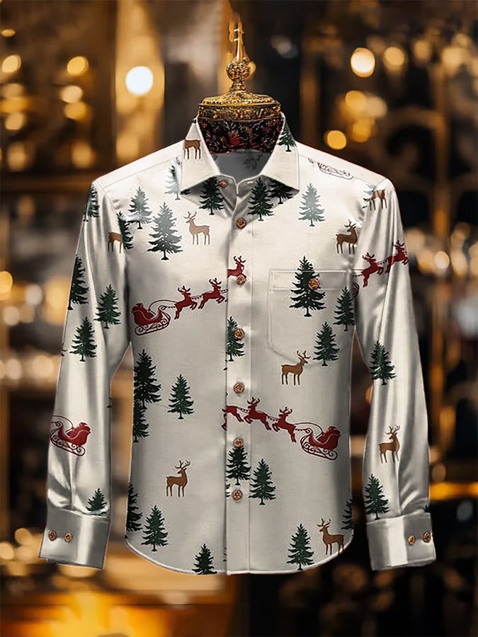De lujo Christmas Contrast estampado de manga larga Pockecamiseta para hombre