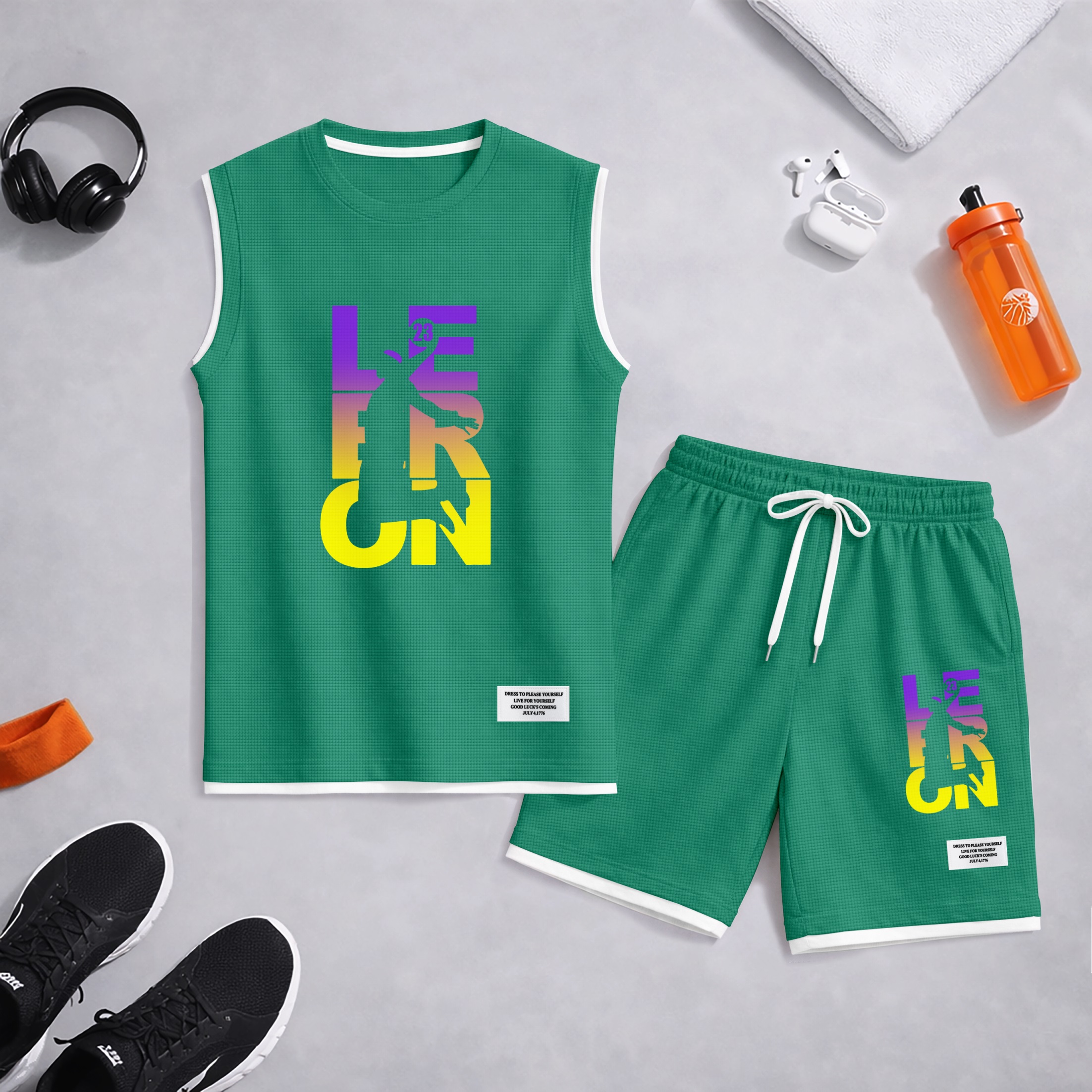 Shorts Basketball Gradient Letter Graphic estampado Summer Set Sleeveless Tank Top & Matching Outfit, Lightweight casual Streetwear Athletic Set for Everyday & Holiday para hombre