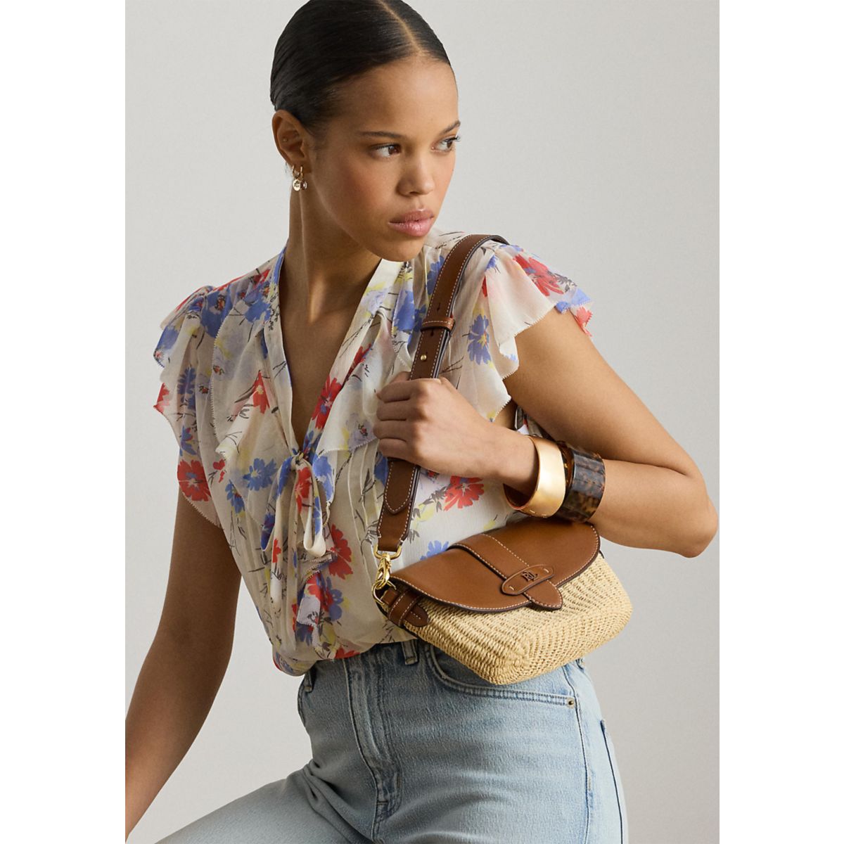 Straw-Leather Small Lynden Shoulder Bag - 8