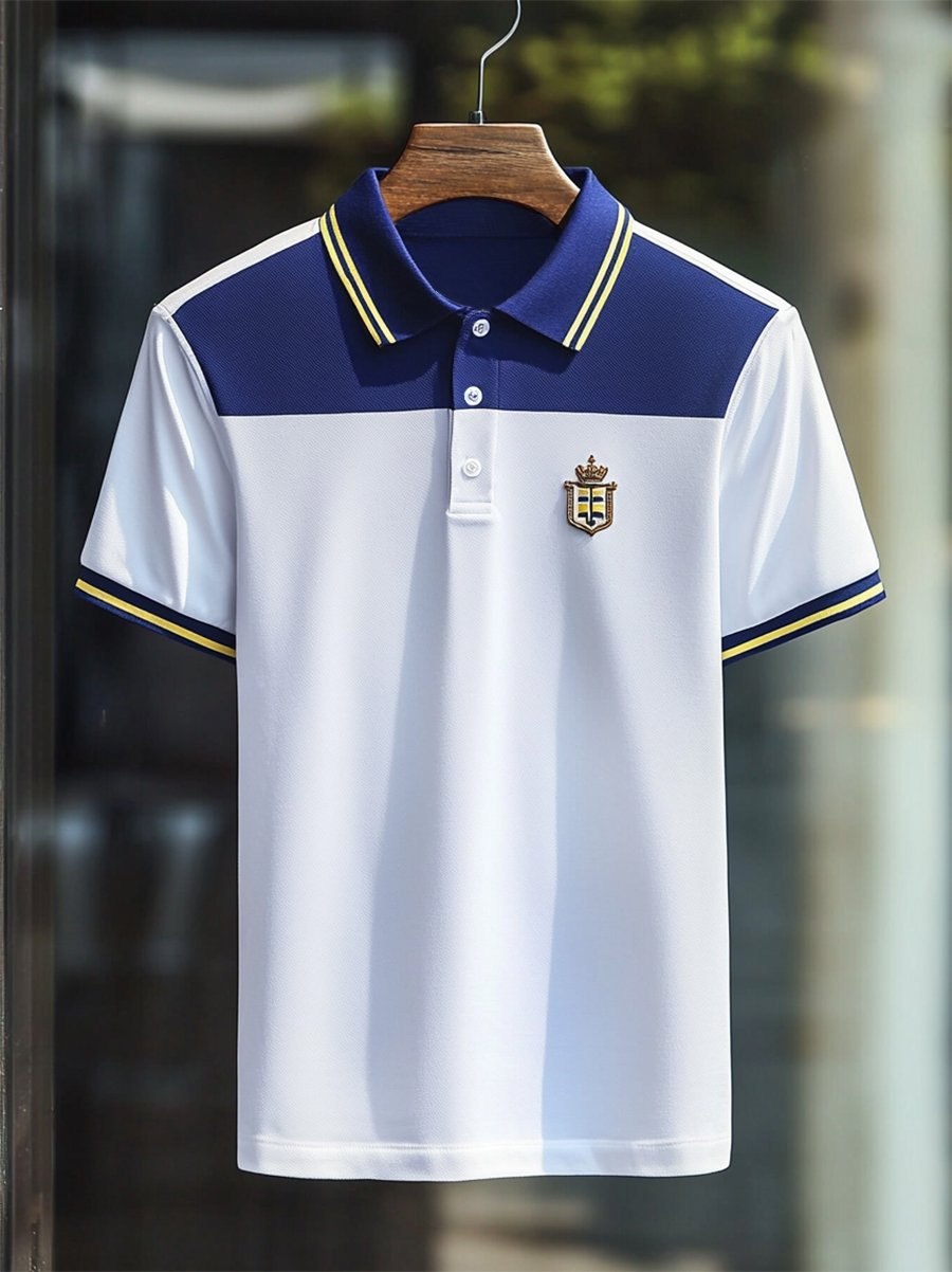 Camisa polo ejecutivo rayas Logo con botones de manga corta para hombre
