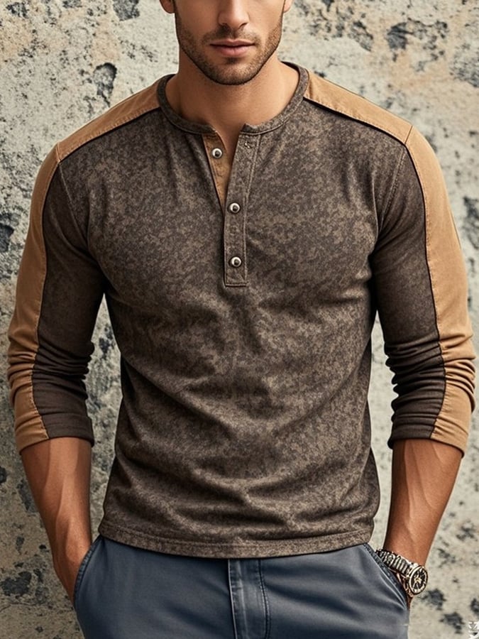 Camisa casual retro casual Colorblock de manga larga Henley para hombre