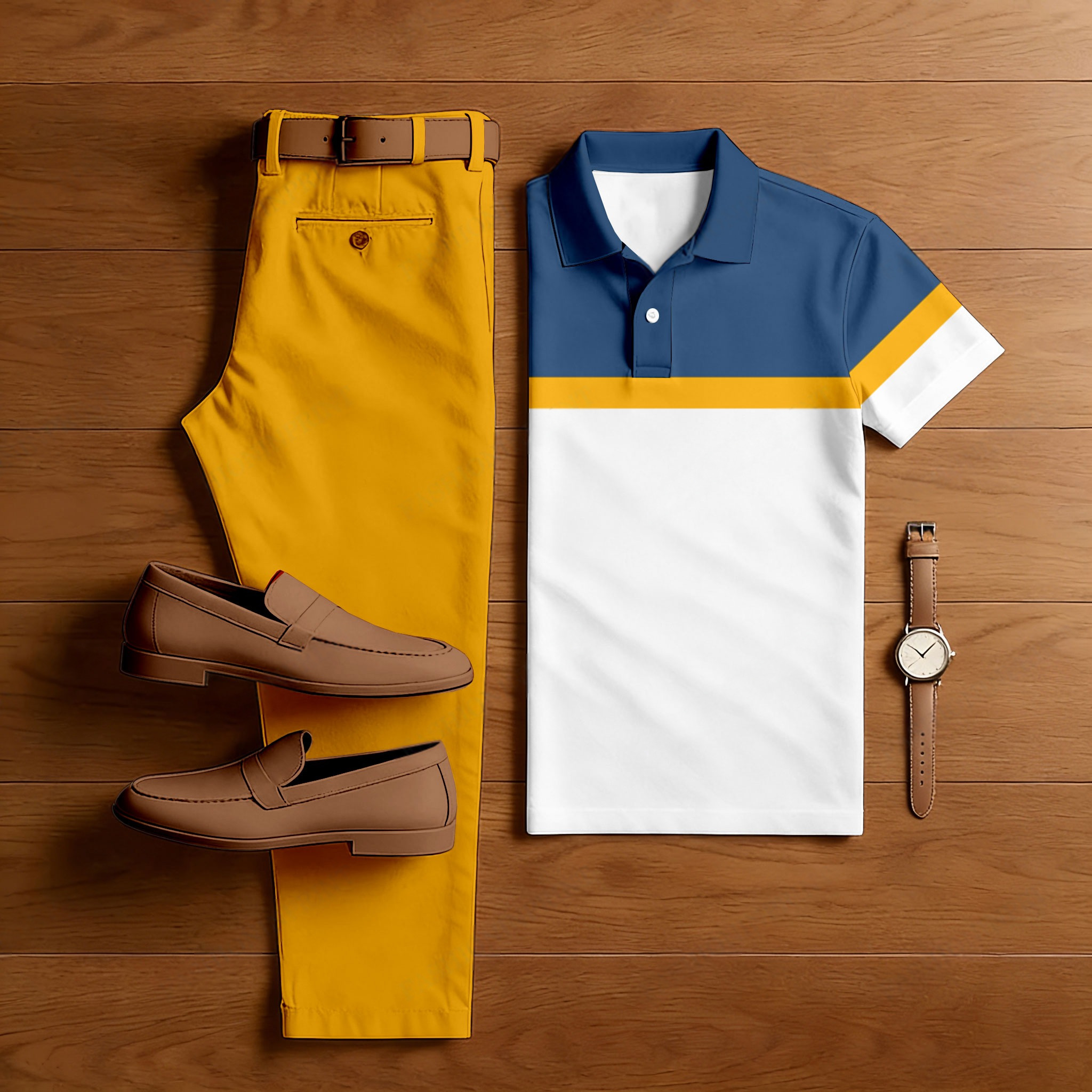 Conjunto de dos piezas casual Dark Blue Geometric estampado camisa polo And pantalón para hombre