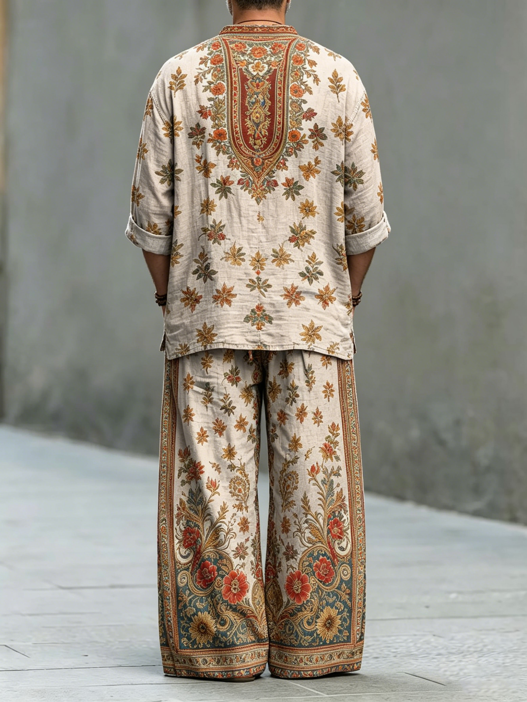 para hombre vintage Symmetrical Ethnic Paisley Print de algodón camisa Set
