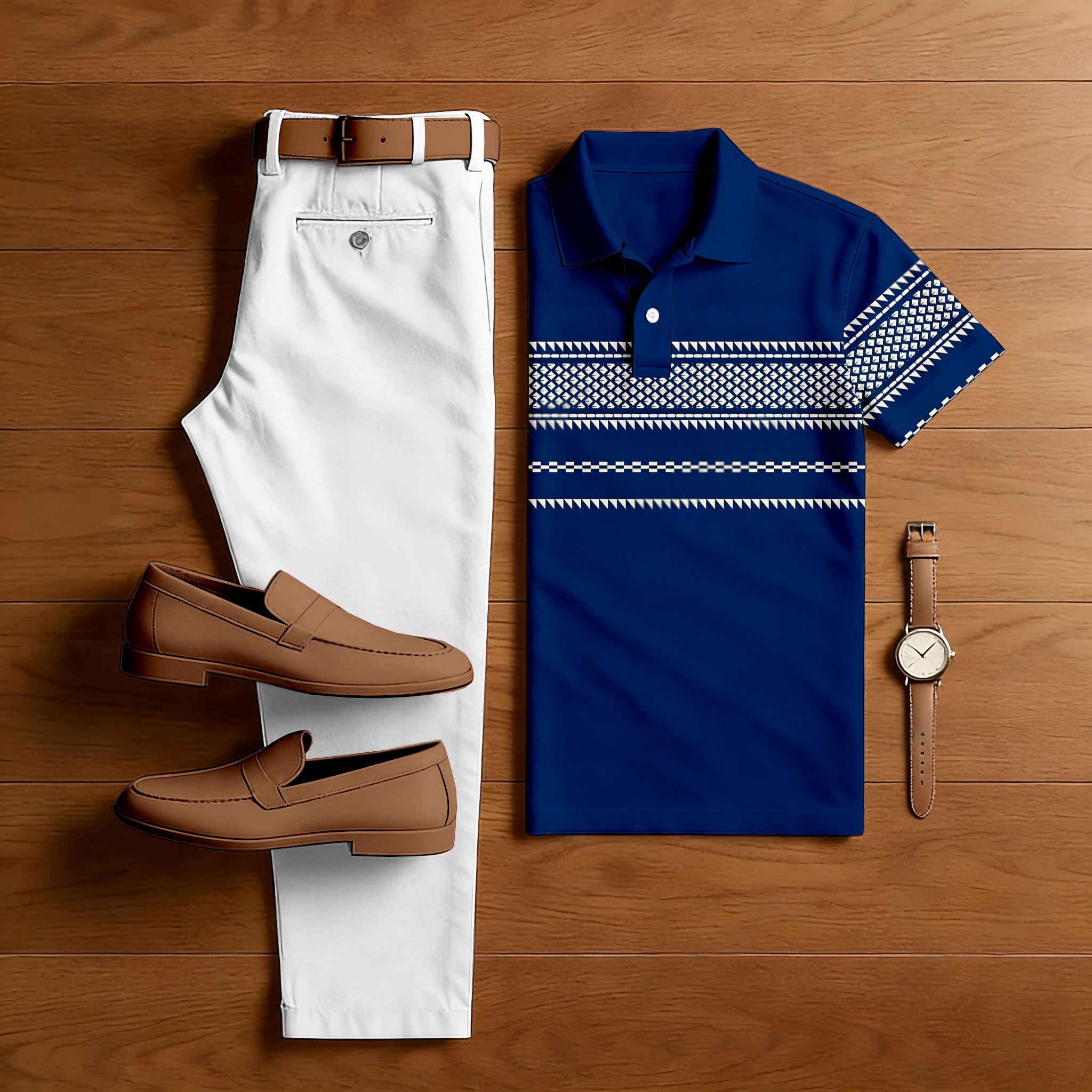 Conjunto de dos piezas casual Royal Blue Geometric estampado camisa polo And pantalón para hombre