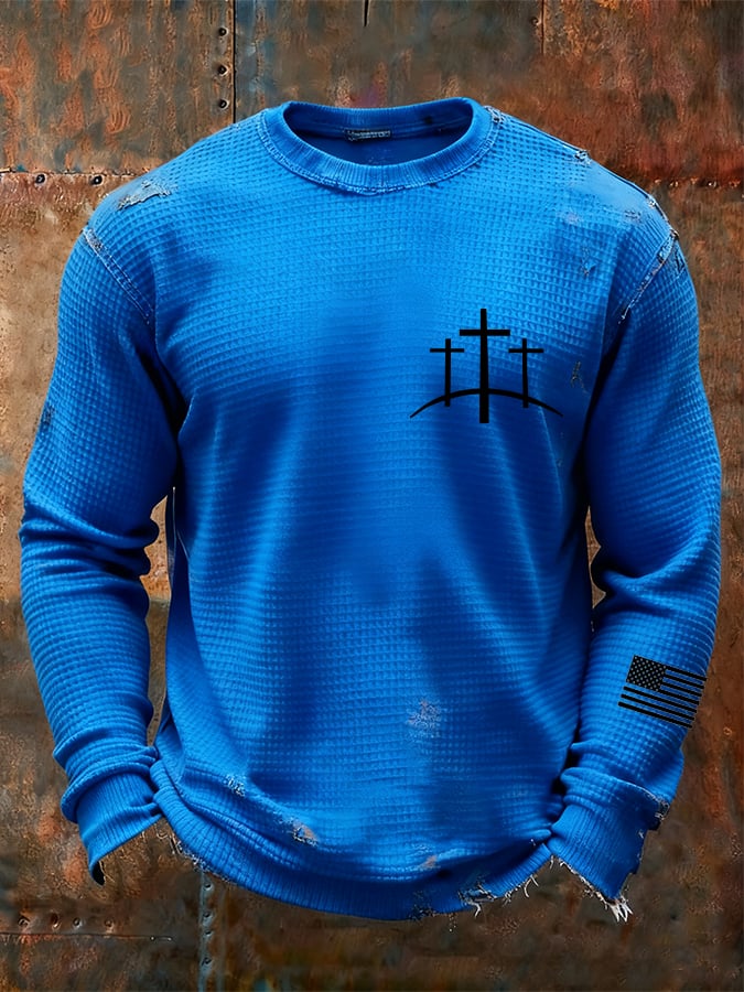 Camiseta vintage Faith Cross Design Waffle Fabric de manga larga para hombre