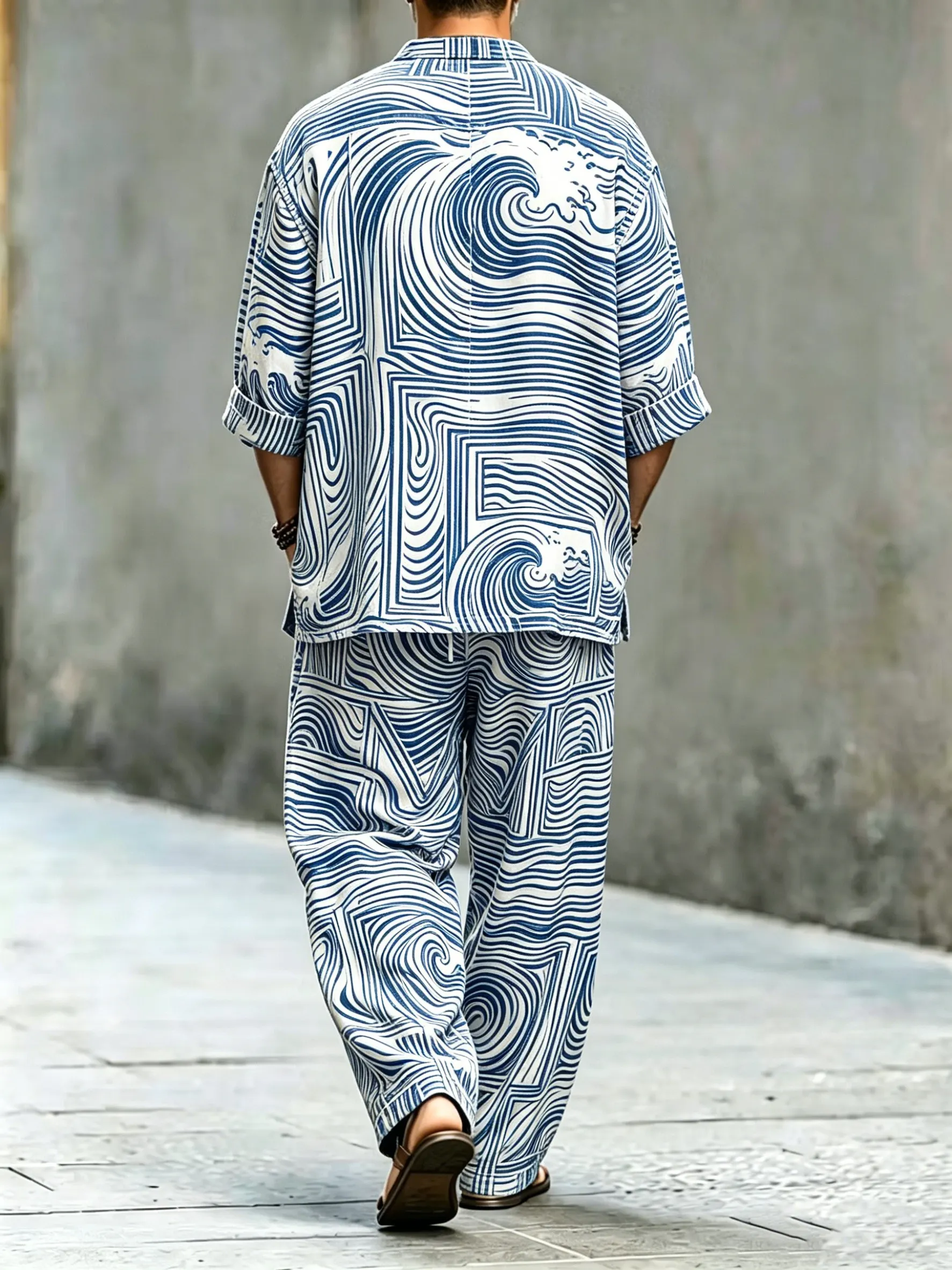 para hombre vintage Abstract Art estampado de algodón camisa Set (Top & pantalón)