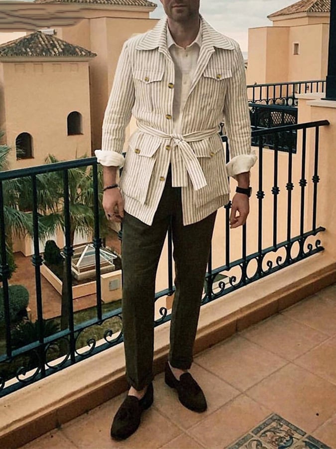 Retro a rayas Multi-bolsillo Design casual Suit para hombre
