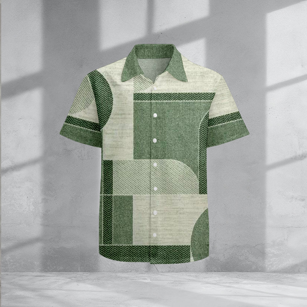 Casual Lapel Green Color Matching Geometric estampado de manga corta camisas para hombre