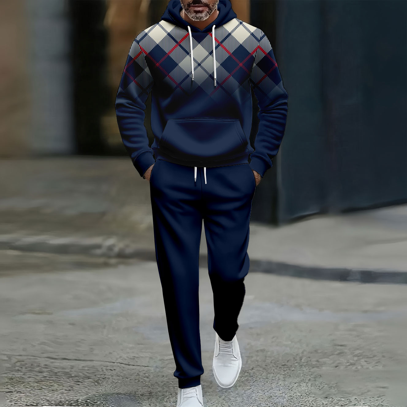 Conjunto de dos piezas casual Color Matching Checked Gradient estampado Hooded de manga larga Trousers Navy Blue para hombre