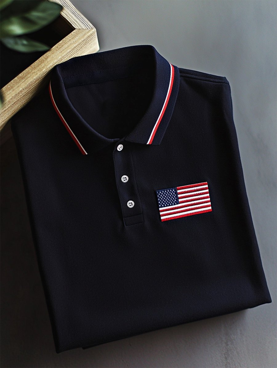 Camisa polo ejecutivo casual Independence Day a rayas Button de manga corta para hombre