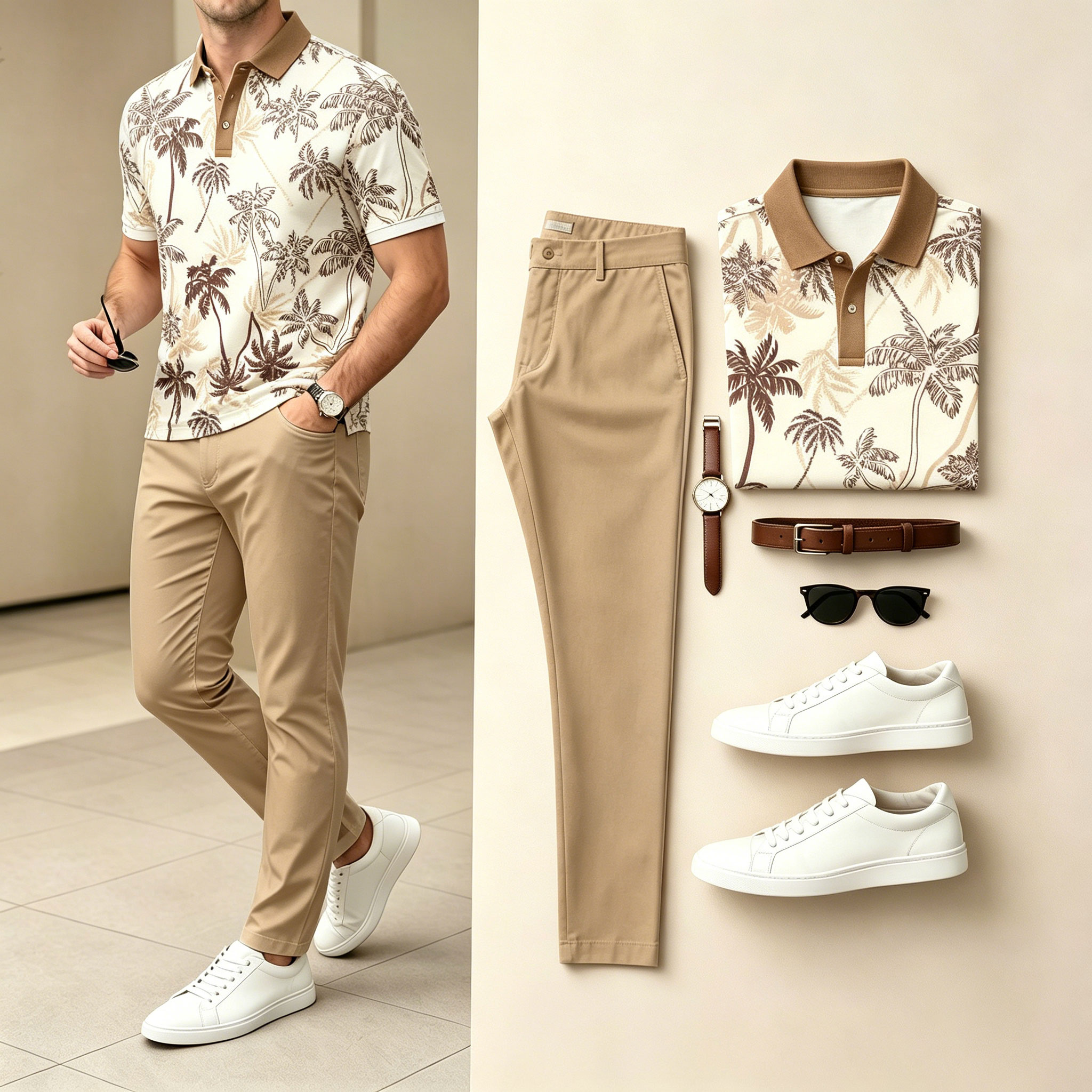 Conjunto de dos piezas casual Khaki Color Matching estampado de manga cortas camisa polo & pantalón para hombre