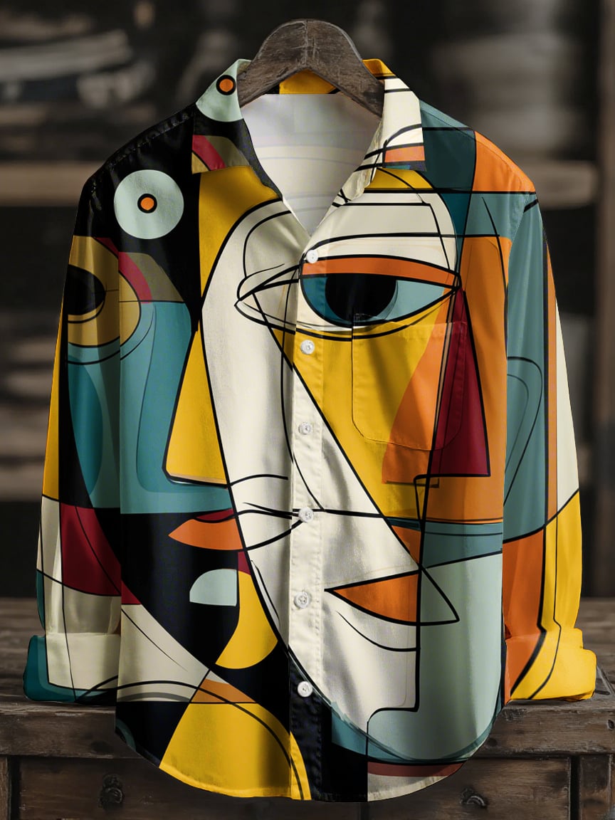 Camisa hawaiano Abstract Face Art casual geométrico Art de manga larga para hombre