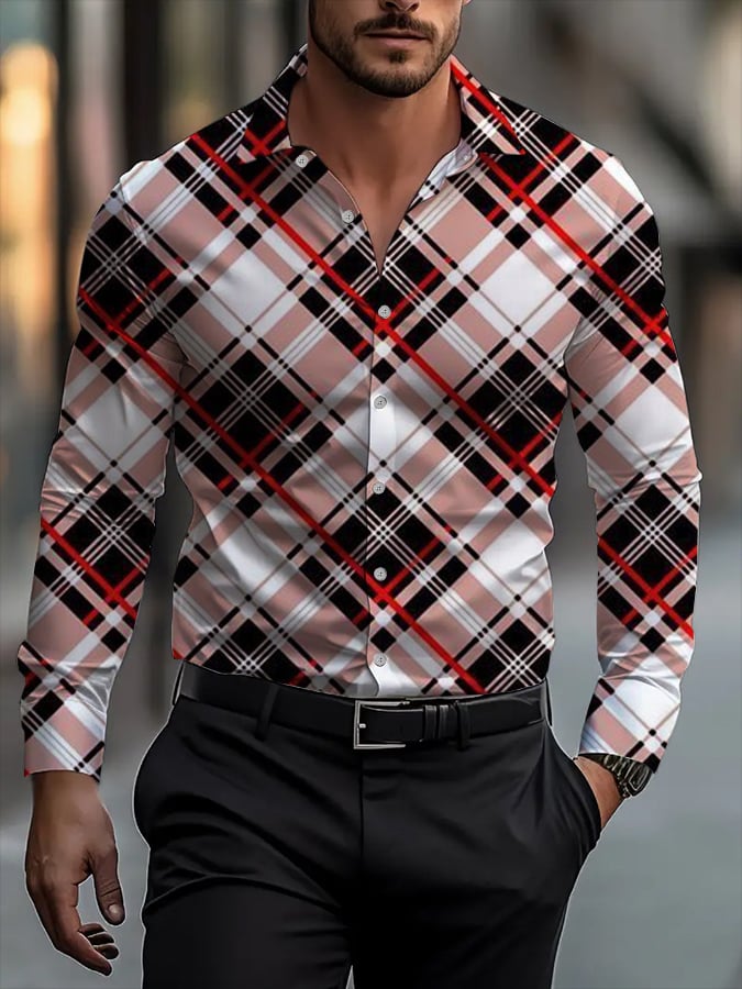 Camisa clásico ejecutivo a cuadros rayas estampado de manga larga para hombre