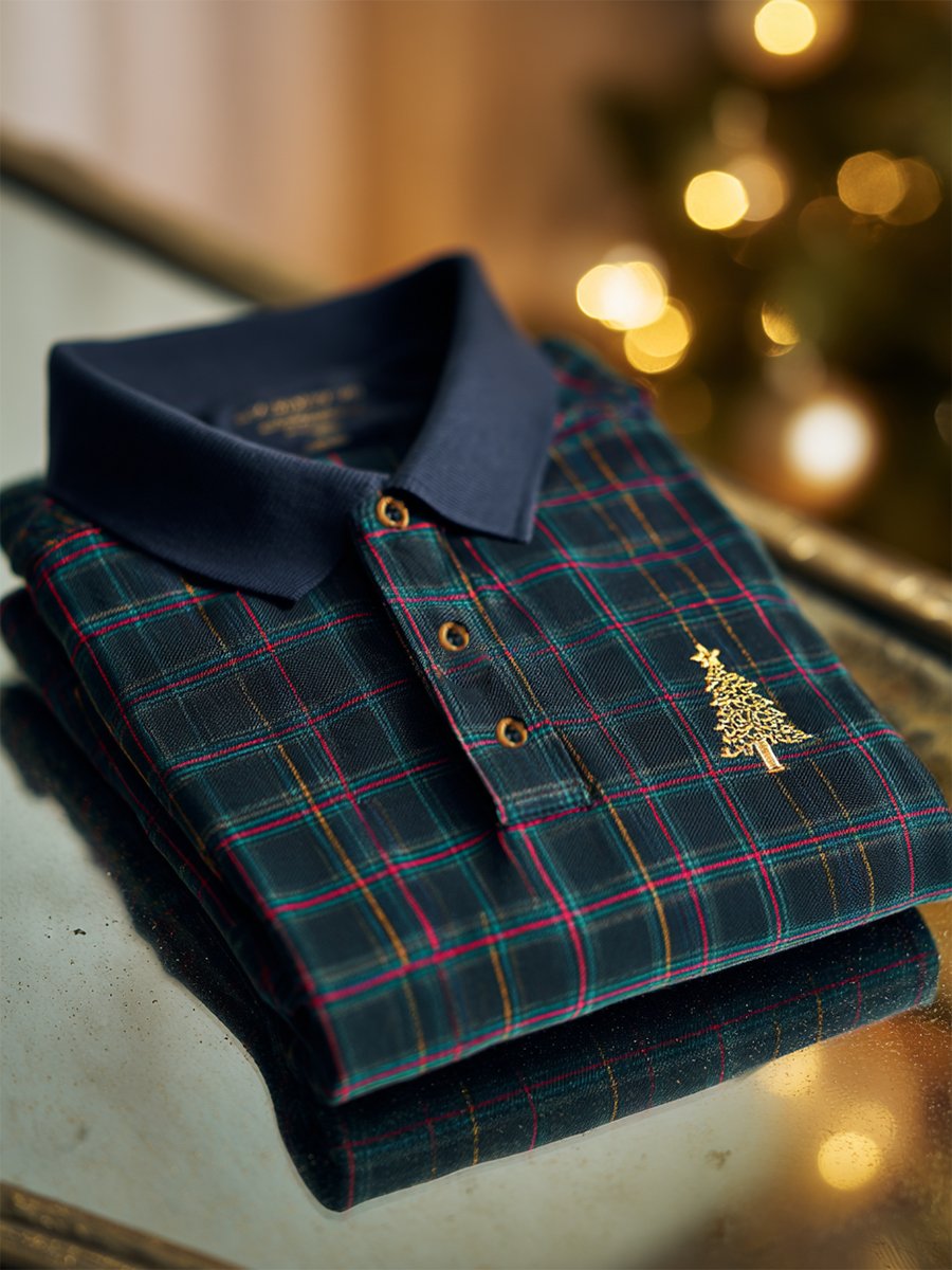 Camisa polo Christmas a cuadros de manga larga para hombre