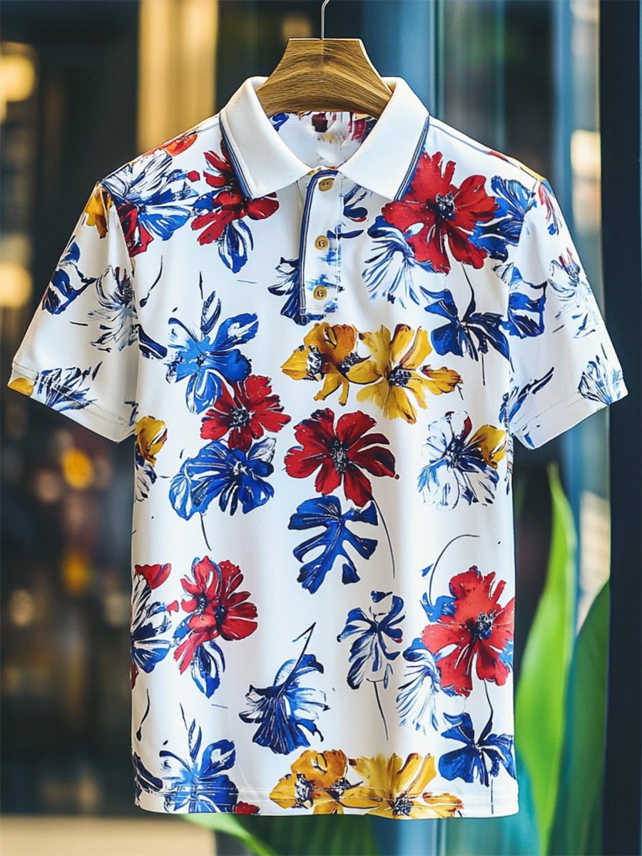 Camisa polo casual Festive floral estampado Button de manga corta para hombre