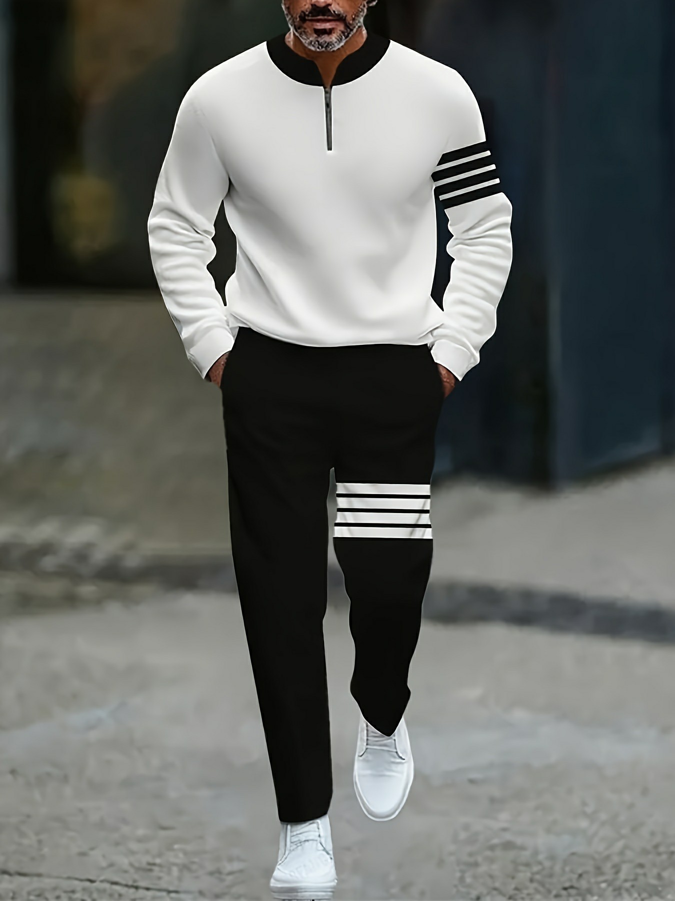 Conjunto de dos piezas casual Black & White Color Matching a rayas estampado Round-Neck Zipper de manga larga Trousers para hombre