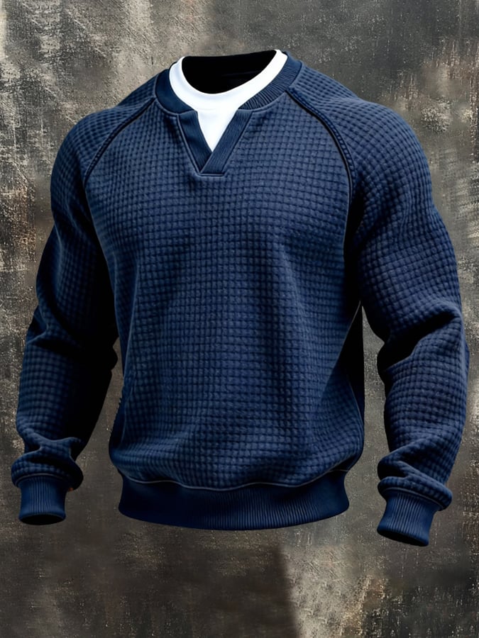 Sudadera vintage tejido tipo waffle Color-Block Faux Two-Piece de manga larga para hombre