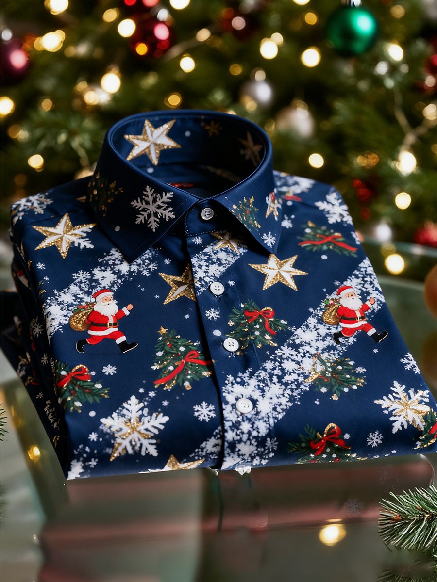 Camisa Christmas de manga larga con botones para hombre