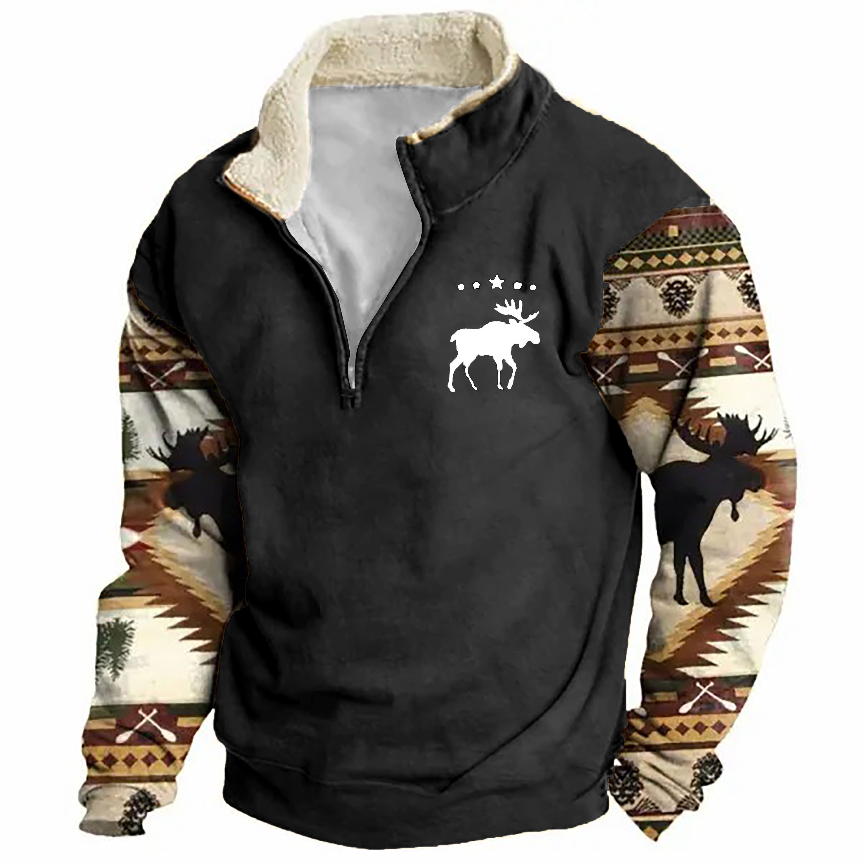 Sudadera retro Moose Creek Ethnic estampado Plush Half Open cuello Pullover para hombre