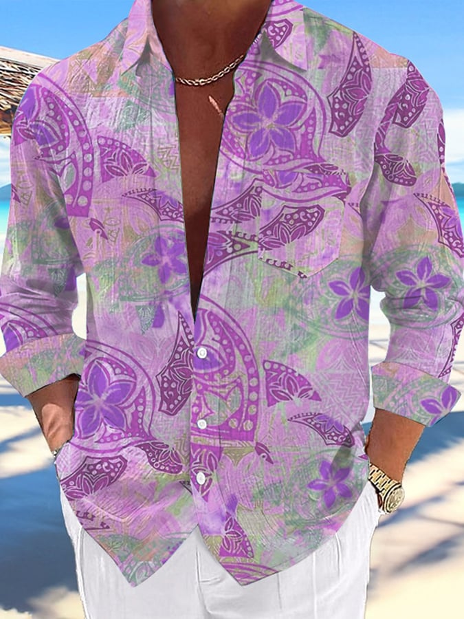 Camisa casual Hawaiian Turtle estampado Lapel para hombre