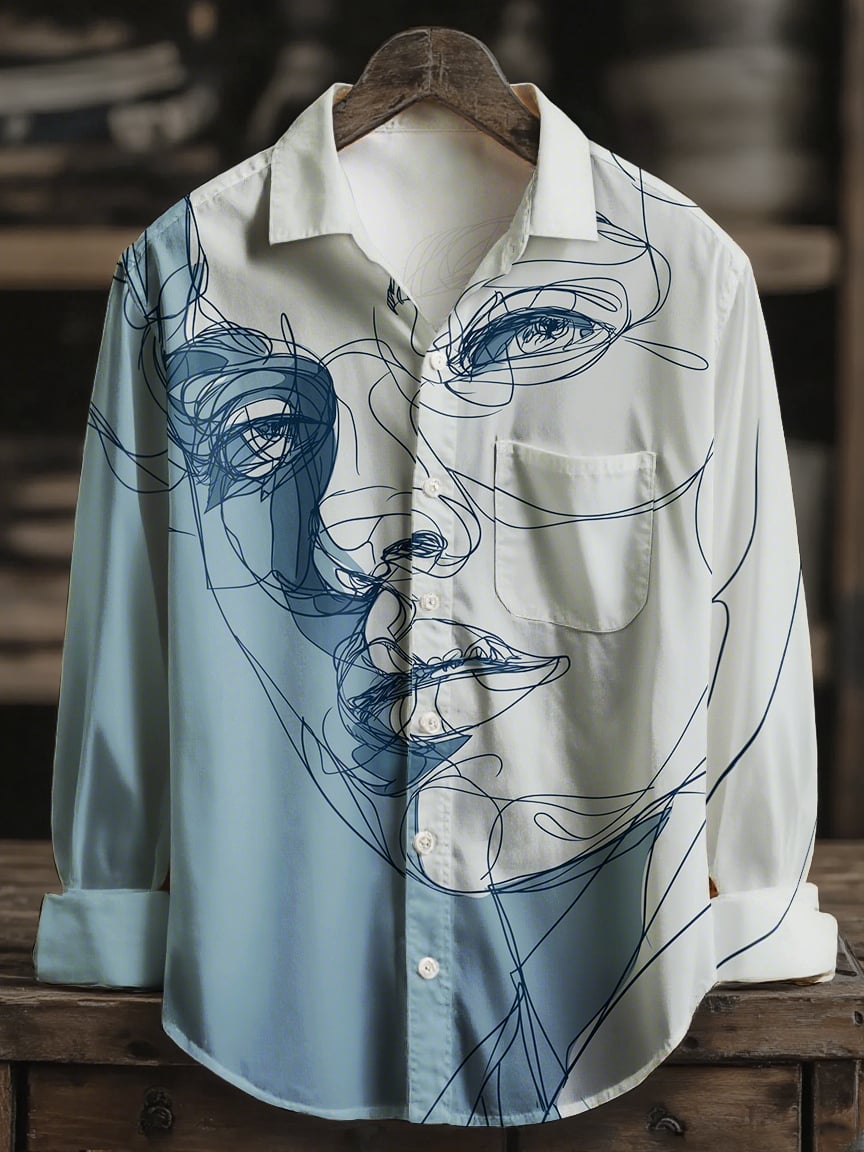 Camisa hawaiano Abstract Face Art casual geométrico Art de manga larga para hombre