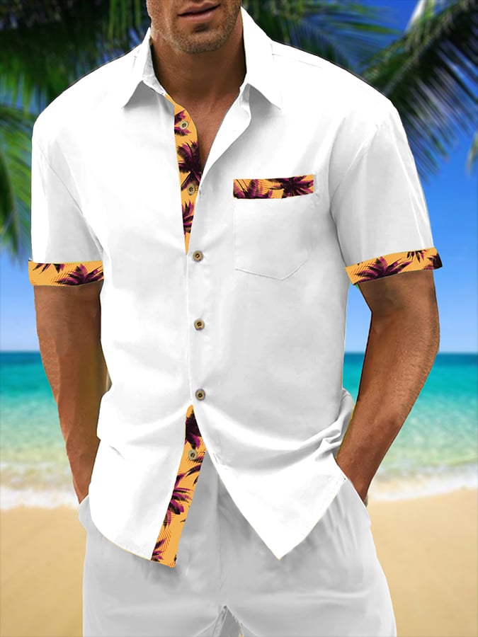 Camisa Resort Style Contrast estampado casual de manga corta para hombre