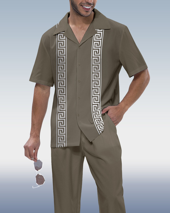 Camisa Rianmond Gray vintage estampado de manga corta Walking Set 598 para hombre