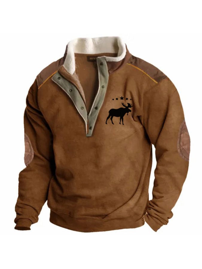 Sudadera retro Moose Creek Ethnic estampado Plush Half Open cuello Pullover para hombre
