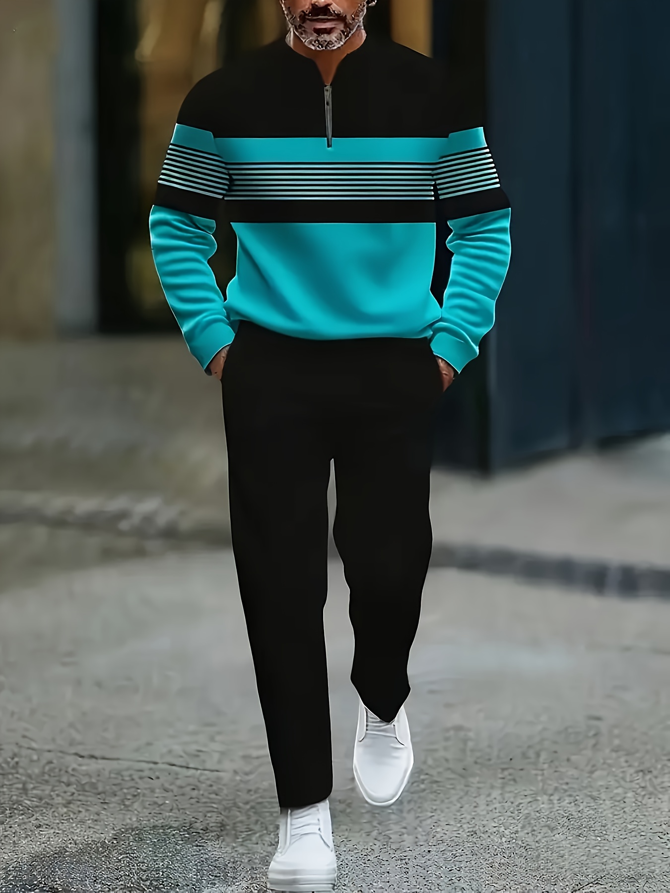 Conjunto de dos piezas casual Color Matching estampado Round-Neck Zipper de manga larga Trousers para hombre