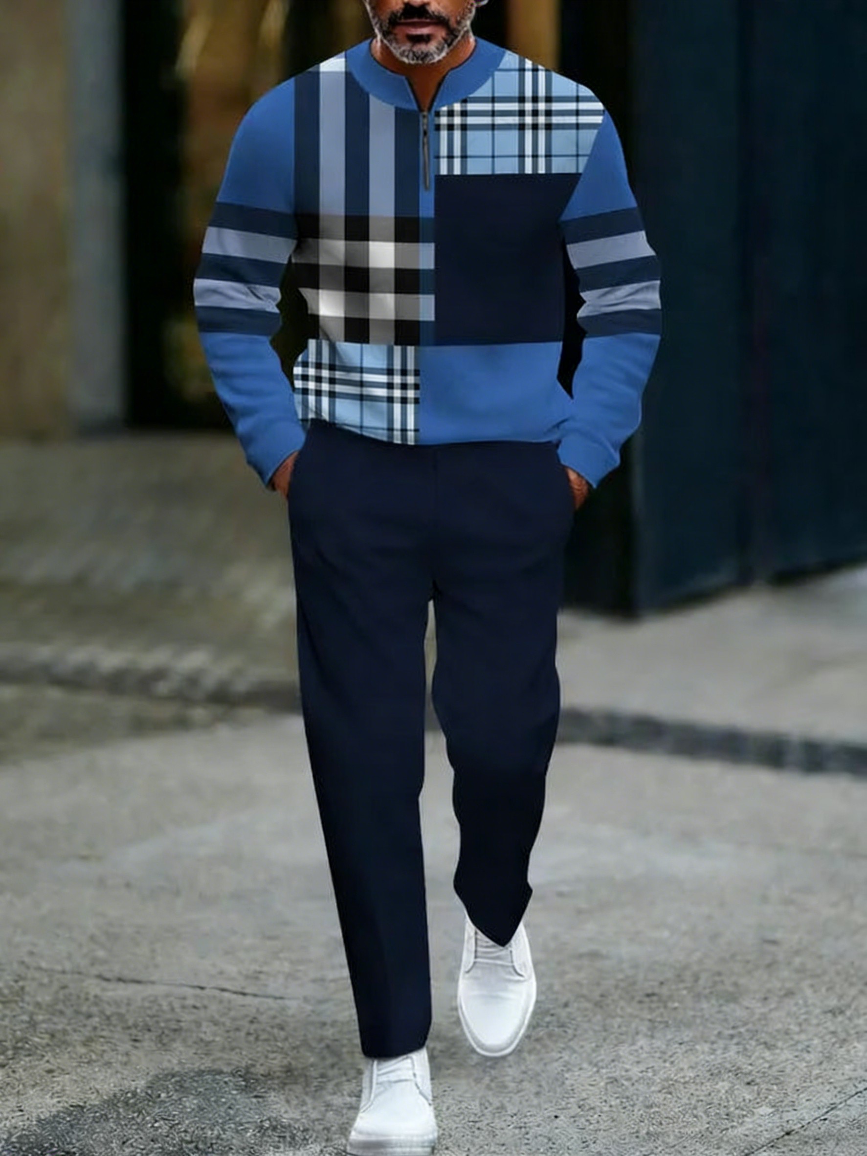 Conjunto de dos piezas casual Blue & Navy Checked Patchpara trabajo estampado Round-Neck cierre de manga larga Tops & Trousers para hombre