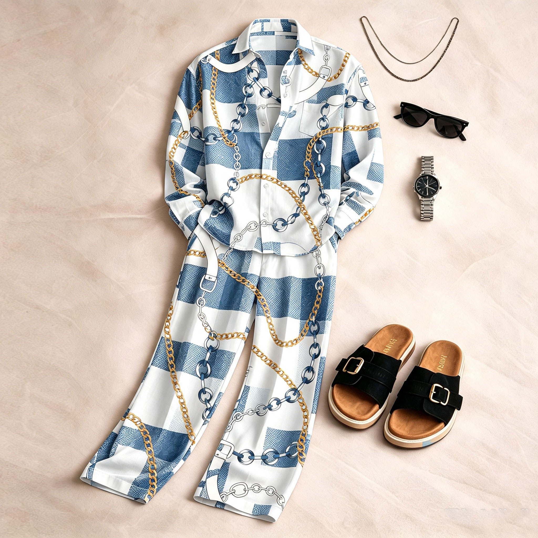 para hombre Denim-Style Checkered Print de manga larga camisa and pantalón Set