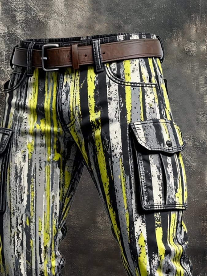 Pantalón retro en bloques de color desgastado bolsillo Cargo para hombre